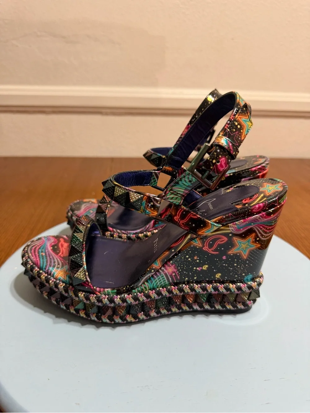 Christian Louboutin Black Multicolor Embellished Platform Wedge Sandals